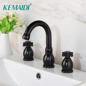 Bathroom Sink Faucets KEMAIDI Deck Mount 3PCS Waterfall Bathtub Faucet Doule Handle Handheld Tub Mixer Taps Black Tap Mounted Mixer1