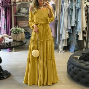 ZANZEA Mode Off Schulter Vestidos Weibliche Spitze Up Gürtel Kleider Strand Urlaub Rüschen Robe Frauen Böhmischen Lange Maxi Kleid 5XL Y0118