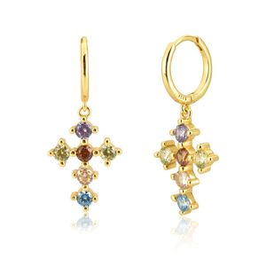 925 Sterling Silver Gold Rainbow Cross Zircon Cz Hoops Pendiente Piercing Ohrringe Armband Halsband Smycken Set Luxury
