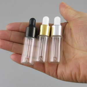 500pcs 5ml 5cc Clear Glass Dropper Flaskor Flaskor med svart guldkåpa Essential Travel Refillable Bottle