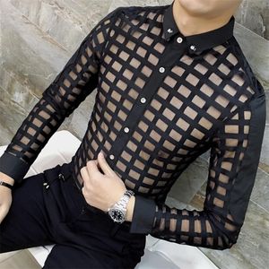 Roupa de marca tops moda masculino outono negócios camisa de manga longa / masculina lapela oca out sexy slim bud seda camisas s-2xl y200408