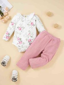 Bebê floral impressão plissada guarnição bodysuit cabo texturizado calças ela