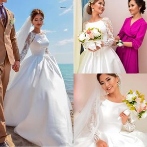 Abiti da spiaggia vintage maniche lunghe in pizzo satinato lungo pavimento di abbigliamento da sposa realizzata abito da sposa vestido de nolia