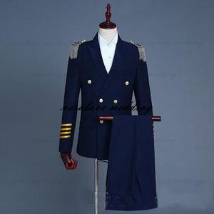 Navy Blue Men Suits 2 Pieces Jacket Pants Stage Performance Studio Captain Uniform Wedding Tuxedos Groom Wear295n