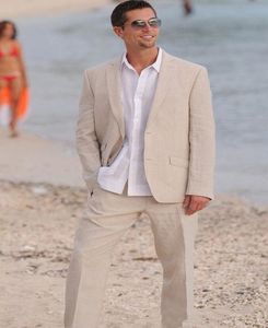 Causal Beige Beach Wedding Tuxedos Linen Groom Formal Wear 2 Pieces Man Suit Summer Bohemian Prom Party Blazer 2022 Handsome Style