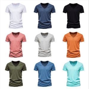 여름 새로운 남성 T 셔츠 대형 느슨한 옷 빈티지 짧은 소매 패션 아메리카 v Collared Soft Cotton Tshirt