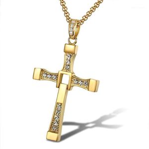 Pendant Necklaces 316L Stainless Steel Fast And Furious Movies Actor Dominic Toretto Rhinestone Cross Crystal Chain Necklace Men Jewelry1