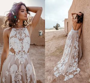 Vinatge цветок кружева Bohemian Свадебные платья Boho 2021 Холтер Top Sexy U Open Back Country свадебные платья свадебные платья Дешевые Длинные заказ