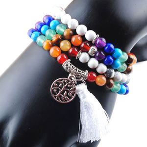 WOJIAER 108 Meditation mehrschichtige lange Stränge Armbänder 7 Chakra Yoga natürliche runde weiße türkisfarbene Mala Perlen Lebensbaum Quaste Schmuck K3210