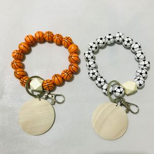 Wood Beads Keychain Jewelry Keys Basketball Football Print Keychains Charms Wooden Wristlet Bracelet Keyring For Women Men Wholesale