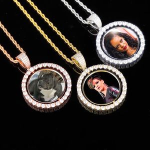 Skräddarsydda foto roterande dubbelsidiga medaljonger hängsmycke halsband 4mm tennis kedja zircon män hip hop smycken