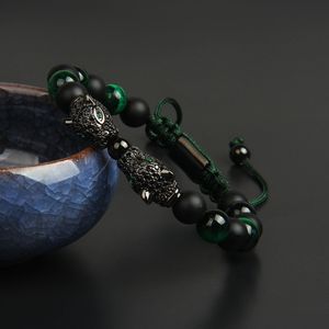 New Black Cz Double Leopard Bracelets Wholesale 8mm Natural Matte Onyx & Green Tiger Eye Stone Bracelet Men's Panther Macrame Jewelry