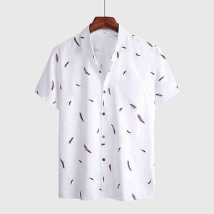 Summer Feather print Men Shirt Short Sleeve white Casual Beach Hawaiian shirts for men Streetwear Camisa para hombre Eu Size G0105