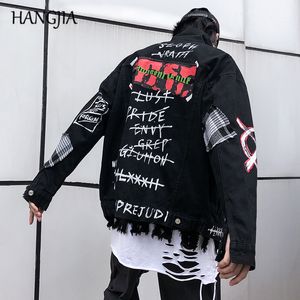 Black Graffiti Denim Jacket Men with Patchs Letters Printed Jackets and Coats Autumn and Winter Distressed Jeans Jackets 201004