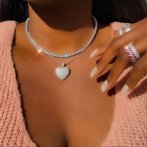 2021 Iced Out Bling Women Jewelry Micro Pave 5A Cz Cubic Zirconia Big Heart Pendant Tennis Chain Sparking Necklace