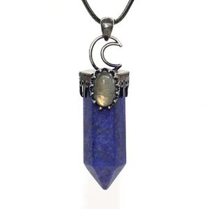 JLN Ciondolo con pietre preziose a colonna esagonale Accessorio a mezzaluna placcato argento antico Più collana di perle di labradorite con catena in cordoncino di pelle nera