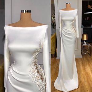 Elegancka Biała Syrenka Muzułmańskie Suknie Wieczorowe 2022 Vintage Zroszony Kwiat Arabski Dubaj Prom Sukienka Z Długim Rękawem Robe de Mariée Vestidos Fiesta Formalne Suknie Party