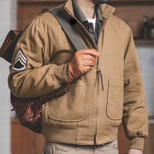 Maden Mens Brown Military Flight Bomber Jackets Vintage Pilot Aviator Monocycle Jacket Slim Fit With Patches Stand Collar 201120