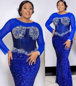 2022 Plus Size Arabic Aso Ebi Royal Blue Mermaid Prom Dresses Beaded Crystals Evening Formal Party Second Reception Birthday Bridesmaid Engagement Gowns Dress ZJ54