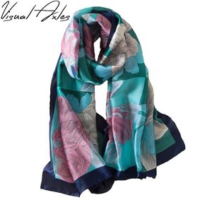 [Визуальное Axles] Цифровой печати шелковый шарф Женщины люкс 100% натуральный шелк Florals Обертывания Платки и шарфы 180см * 90см Y201007
