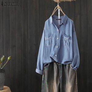 Mulheres Tops e Blusas Senhoras Escritório Escritório Camisas Casuais Loose Manga Longa Denim Blue Tops Lapela Túnica Blusas Plus Size T200321