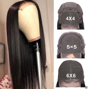 6x6 Dantel Peruk toptan satış-Siyah Kadınlar için Dantel Peruk Kapatma x4 x5 x6 Peruk Düz Tutkalsız Brezilyalı İnsan Saç Remy Yoğunluk