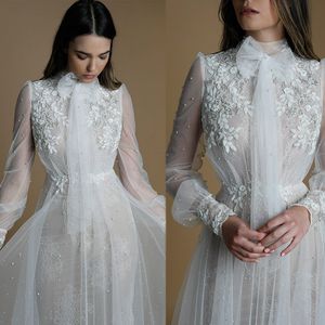 New Liz vestidos de casamento Martinez elegante Collar alta manga comprida Lace Floral 3D apliques vestidos de noiva Um vestido de casamento da Linha