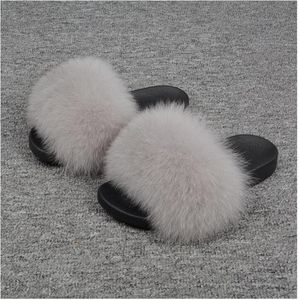 Vinter Kvinnors Plush tofflor Inomhus Furry Hemskor Varm Fox Fur Slippers för Kvinnor Slider Flip Flops Fluffy Sandals 2020 Ny
