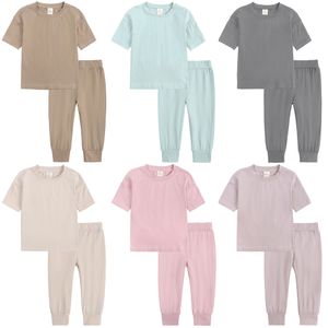 Летние девушки одежда на наборы нарядов для детей повседневная хлопчатобумажная домашняя одежда с короткими рукавами Верхняя рубашка и длинные брюки хлопковый костюм M4000