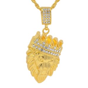 Gold Color Crown Lion Head Crystal Pendant Necklace Rock Animal Hiphop Style Rhinestone Fashion Necklaces Jewelry 20211224 T2