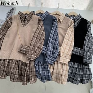 Woherb Retro Plaid Loose Mini Pleated Shirt Dress + Knitted Vest +Bag 3 Pieces Set Women Autumn Elegant Outfits Korean Suit 220302