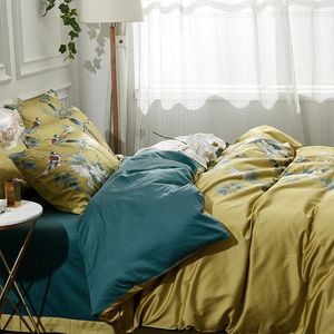 Wholesale fitted bedding set resale online - Silky Egyptian cotton Yellow Chinoiserie style Birds Flowers Duvet Cover Bed sheet Fitted sheet set King Size Queen Bedding Set
