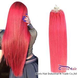 Tjockände #Pink Loop Micro Ring Hair 100% Human Hair Extensions Brazilian Remy Capsule Keratin Micro Link Bead Hair 100 Strands 0.5g / s