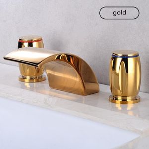 Basin Faucets Gold Polished Widespread Deck Mounted Waterfall Bathroom Sink Faucets 3 Hole Double Handle Hot And Cold Water Tap