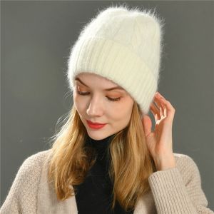 Femminile misto cashmere cappello invernale lungo pelliccia calda lana morbida cappelli lavorati a maglia donne Skullies berretti all'ingrosso Y201024