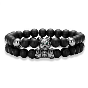 Luxusmarke handgefertigte Perlenstränge Micro Pave Wolf Head Charm Armband Schmuck