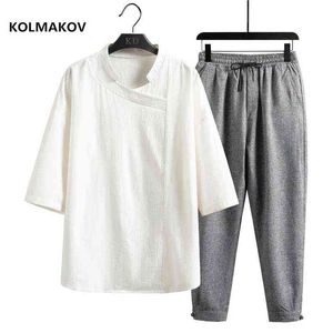 (Koszula + spodnie) Summer Men Koszula Bawełniana i Pościel Koszulki Pół Rękaw Mężczyźni Koszule Mężczyźni A Zestaw Odzież M-5XL TZ02 G1222