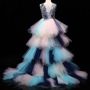 2022 Vestidos de menina de flor bonito para casamento espaguete laço Floral apliques saias em camadas meninas pageant vestido alto tutu crianças vestidos de aniversários