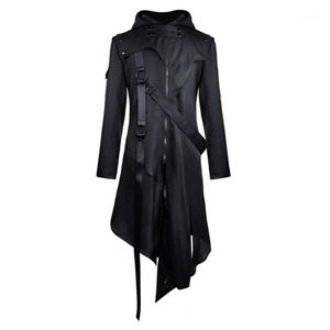 Men's Trench Coats Men's Coat Gothic Black Goth Asymmetrical Long Jacket Slim Fit Men Strap Hooded Outerwear Autumn Fall Fashion Overco