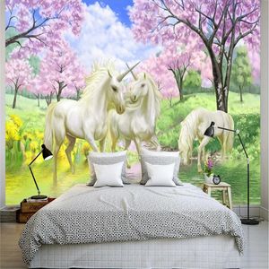 Wholesale wall stickers unicorn for sale - Group buy beibehang Wallpaper Mural Wall Sticker Dream Sakura Unicorn TV Background Wall papel de parede d para sala atacado