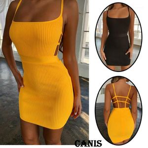 Casual Dresses Summer Sexy Bandage Hollow Out Dress Women Fashion Ärmlös Backless Bodycon Party Club Mini Wrap1