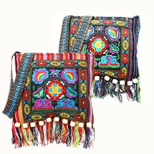 Hmong Vintage Ethnic Shoulder Storage Bag Embroidery Tassels Boho Hippie Tassel Tote Messenger Hangable Storage Organizer Bags