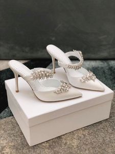 LURUM STRASS STIDALS SANDALS Scarpe per le donne tacchi alti foglia cristallo-abbellito raso muli sandalias pantofole sexy punta a punta Pompe di marca EU35-42