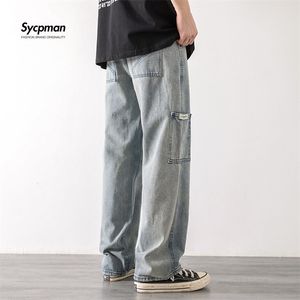 Свободные уличные стиль прямые грузовые брюки джинсы мужчины мода бренда широкие ноги комбинезон ретро трендовый досуг молодежь джинсовая сумка 220302