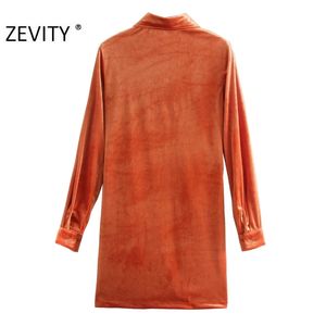 Zevity秋のファッション女性オレンジ色の色のプリーツのシングルブレストスリムシャツのドレス女性長袖ベルベットvestido DS4617 Y0118