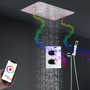 Badrum Bluetooth Musik Dusch Set Rain LED Duschhuvud 580 * 380mm Massage Misty Thermostatic Dolda Mixer Kranar Chrome Färdig