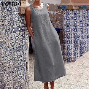 Vonda 여성 민소매 코튼 드레스 캐주얼 휴일 긴 드레스 파티 드레스 탱크 탑 Sundress 보헤미안 Vestidos 플러스 사이즈 로브 T200320