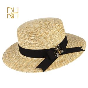 Rh Summer Wheat Halm Flat Top Hat Natural Color Ladies Boater Sun Visor Fedora Cap med Bee Decoration Y200714