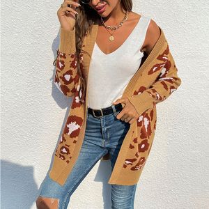 Ebaihui höst vinter långa kvinnors cardigans leopard utskrift kontrast damer sweaters europeiska amerikanska stil stickade toppar