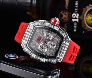 2021 RMen Fashion Sport Watch Shinning Watches Aço inoxidável Diamond Iced Watch All Dial Work Chronograph Strap Rubber Clock R-macho